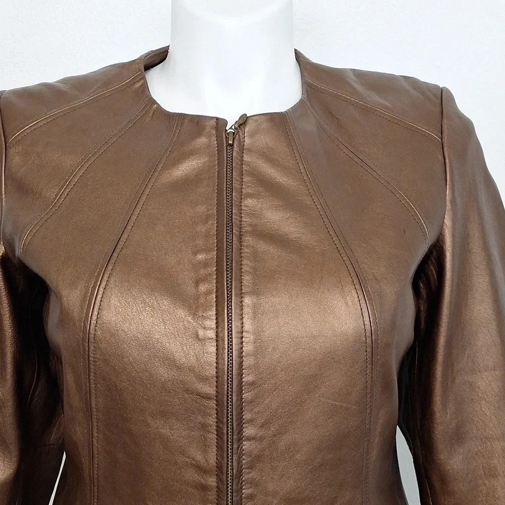 Preston & York Preppy Genuine Lamb Skin Minimalist Front Zip Biker Jacket M - Picture 2 of 8